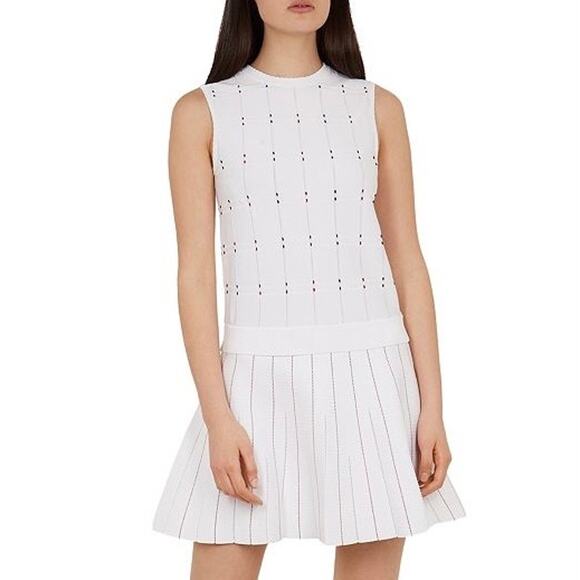 NWOT TED BAKER Dress 3~8 White Red Blue Lornia Stitch Knit Fit&Flare Pleated - Picture 1 of 7